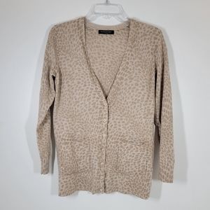 Banana Republic Tan Animal Print 100% Merino Wool Knit Cardigan Sweater Size Lrg
